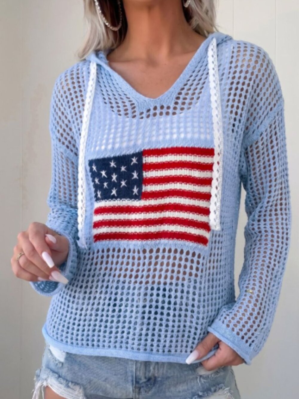 Hollow Out Crochet Knit American Flag Patched Knit Cover Up - Picture 2 of 6